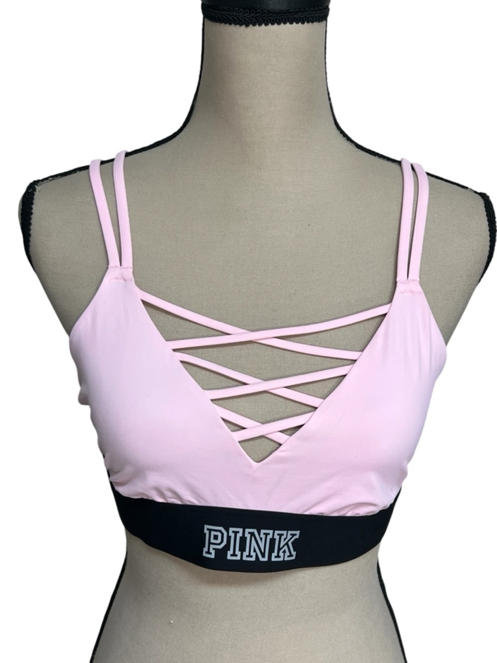 Victorias Secret Pink Ultimate Strappy Sports Bra Pink Black size L Activewear - Picture 2 of 8